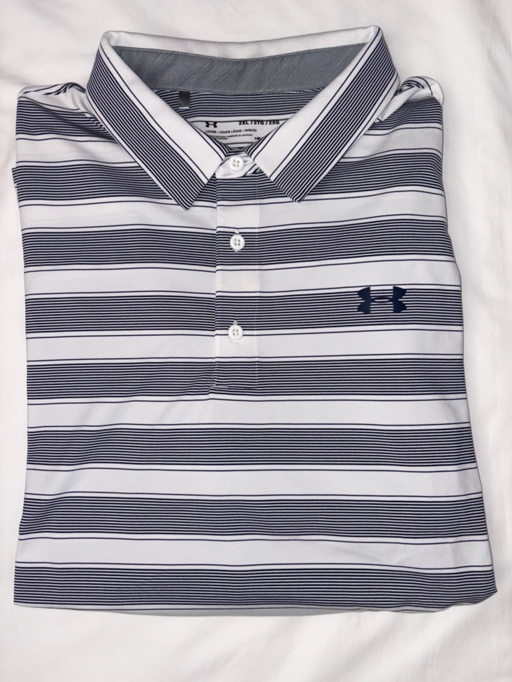 Under Armour HeatGear Polo 2XL White Navy Blue Striped Loose Fit Golf Shirt